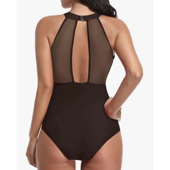 Tempt Me High Neck Mesh Plunge Ruched Swimsuit M - Picture 6 of 6